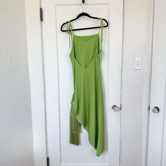 Cult Gaia | 100% Silk Giselle Asymmetric Tasseled Linen Dress in Lime Green - Picture 6 of 11